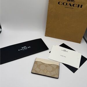 Coach Beige Signature Canvas Card Holder with Cream Trim